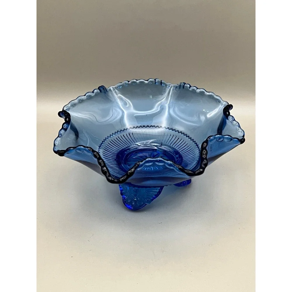 Vtg Cobalt Blue Glass Ruffled Footed Bowl Beaded Edge Candy Nut Dish 5.25